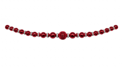 Red glass bead necklace with central large round bead, surrounded by smaller glossy beads, arranged in curved line, elegant and stylish jewelry for women