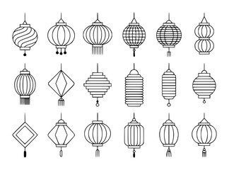 Collection of Diverse Asian Lantern Illustrations in Black and White
