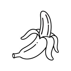 Black outline doodle of a peeled banana, simple line art vector illustration for a coloring book or healthy food icon.