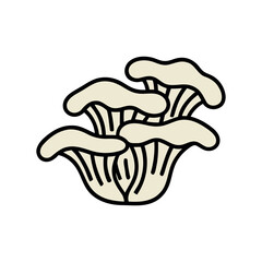 Cluster of colored oyster mushrooms (Pleurotus ostreatus) with beige wavy caps, gourmet culinary fungi in simple doodle style vector.