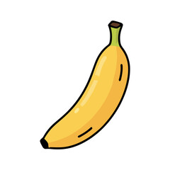 Colorful cartoon single yellow banana, whole ripe tropical fruit doodle, simple vector illustration on white background.