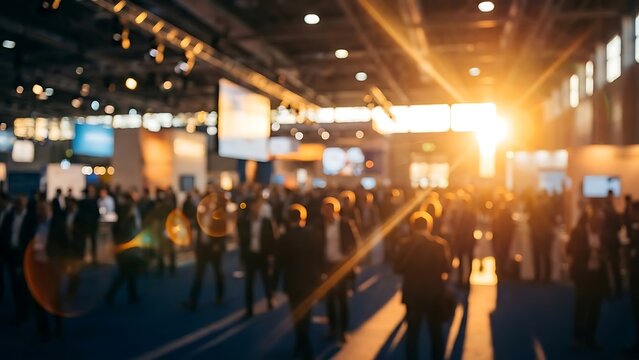 Blurred Business Trade Show Event Exhibition Hall with Booth and Display