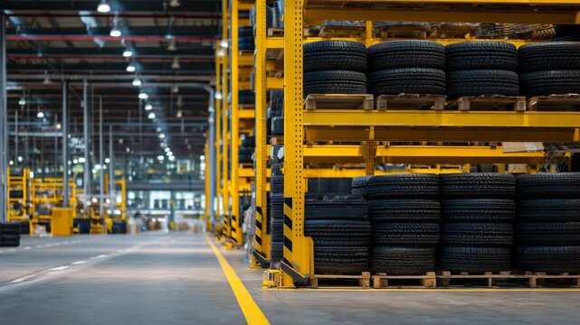 89Yellow tire warehouse shelving stacked high with rows of black tires, the bold yellow metal frames creating strong contrast against the deep rubber textures, illuminated by bright