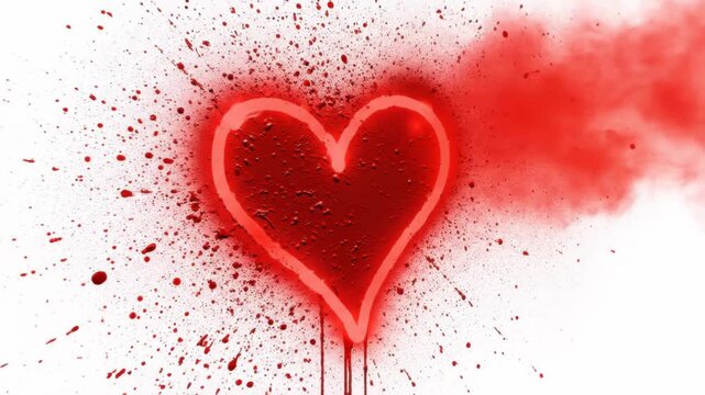 Vibrant red heart shape created with spray paint stencil technique, featuring drips and splatters on a clean white background, isolated on white background