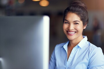 Office, computer and portrait of woman with smile for corporate, lawyer and communication on email....