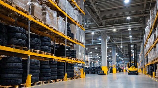 90Yellow tire warehouse shelving stacked high with rows of black tires, the bold yellow metal frames creating strong contrast against the deep rubber textures, illuminated by bright