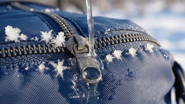 Close-up of Zipper on Blue Bag with Snowflakes and Ice.