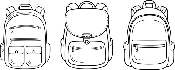 Three Black and White Line Art Backpacks for School or Travel
