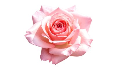 Elegant, softly lit pink rose bloom isolated on a white background, showing intricate petal details and a lovely swirl
