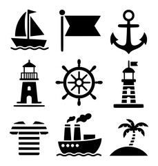 Nautical Icons Sailboat, Anchor, Lighthouse, Ship, Palm Tree, and More