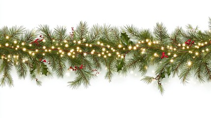 Festive Fir Christmas lights garland with holly and red berries on white.