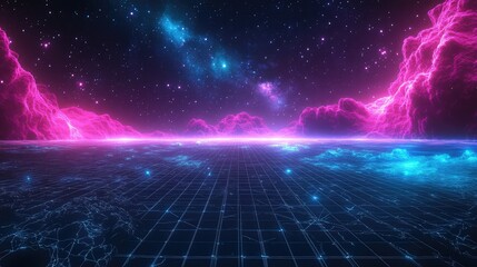Virtual reality landscape showing a futuristic digital grid floor reflecting bright neon pink and blue cloud formations under a star filled galaxy sky, representing data and cyber connections