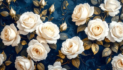 Elegant white roses and golden swirls over a deep blue textured background; floral pattern