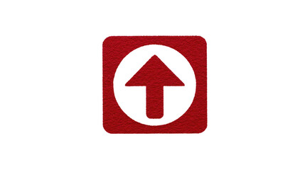 Red upward arrow icon, textured square button, bold black circle border, simple upload symbol, isolated on transparent background, modern digital interface, energetic and motivational design