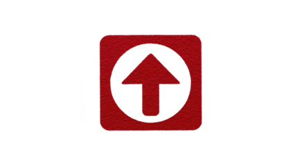 Red upward arrow icon, textured square button, bold black circle border, simple upload symbol, isolated on transparent background, modern digital interface, energetic and motivational design