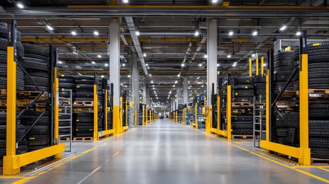 95A visually rich industrial storage environment, yellow frames supporting neatly arranged stacks of tires, clean lines and sharp contrast creating a sense of order and scale
