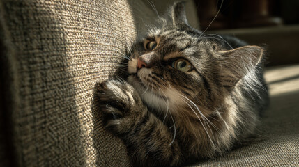 Close-up of a tabby kitten scratching a textured sofa with its paw. A curious tabby kitten reaches out with its paw to scratch a woven sofa, bathed in warm sunlight.