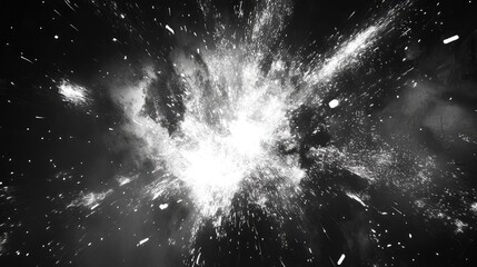 Bright white particles and smoke bursting outwards from a central point, creating an intense, dynamic abstract background representing energy, impact, and powerful force