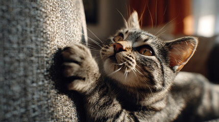 Close-up of a tabby kitten scratching a textured sofa with its paw. A curious tabby kitten reaches out with its paw to scratch a woven sofa, bathed in warm sunlight.