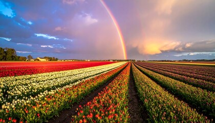 Colorful tulip rows stretch beneath a vibrant rainbow and dramatic sky, meeting the horizon