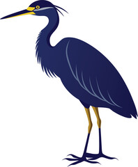 A majestic dark blue heron embodying serene nature and aquatic grace rendered in clean flat vector