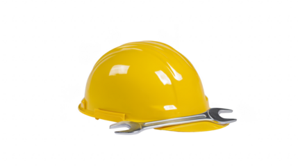 Yellow construction helmet with shiny surface and metal wrench on transparency background, symbolizing safety, engineering, and industrial work environments with professional and reliable mood