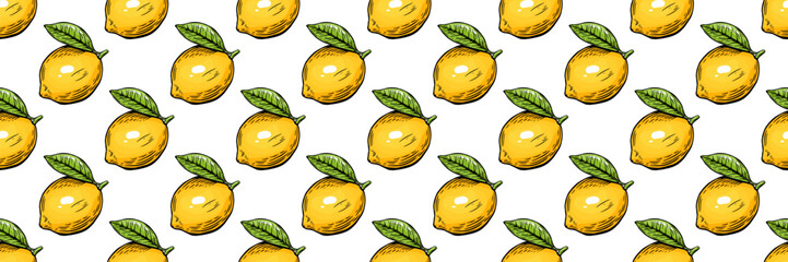 Seamless citrus pattern with whole lemons and green leaves