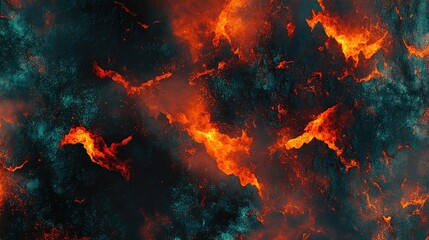 Molten lava streams across rugged dark volcanic rock, creating a dynamic abstract pattern of incandescent orange heat contrasting with cooled, earthy textures and teal mineral formations