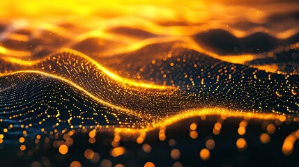Abstract golden particles forming a dynamic wave pattern represent digital data, big data, artificial intelligence, and network connections in a futuristic technology concept