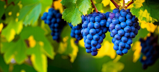 Ripe bunches of blue grapes on the vine. Bunch of grapes in the vineyard