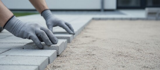 Worker laying stone bricks on sandy surface in residential area  