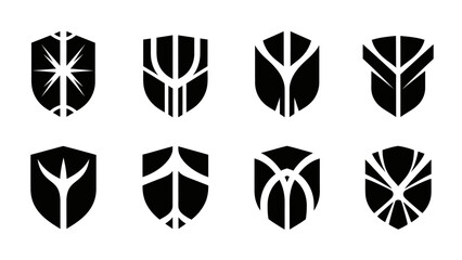 Set of eight shield shaped graphic designs on white background vector elements