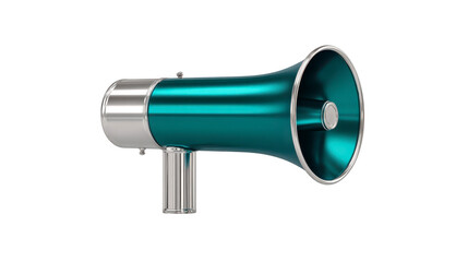 Metallic blue megaphone with silver handle, isolated on transparent background, used for announcements, communication, or public speaking, modern design, energetic and attention grabbing