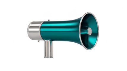 Metallic blue megaphone with silver handle, isolated on transparent background, used for announcements, communication, or public speaking, modern design, energetic and attention grabbing