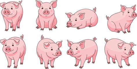 Cute cartoon pig characters set, pink farm animal illustrations in different poses isolated on white background for children design