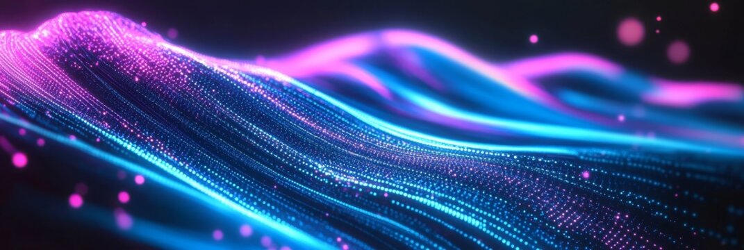 Futuristic Cityscape with Neon Lights and Digital Elements Reflecting in Water at Night, Urban View - Powered by Adobe