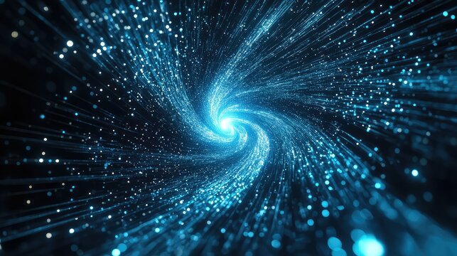 Blue light particles and abstract lines swirling into a vortex, symbolizing high speed data flow, technological connectivity, and modern network communication - Powered by Adobe