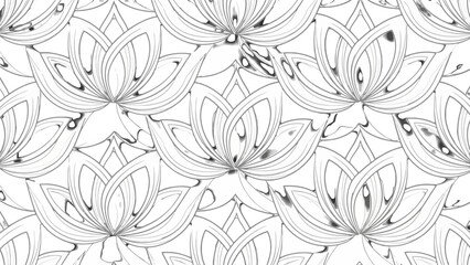 Serene Lotus Flowers and Leaves Line Art Seamless Pattern on Isolated White Background
