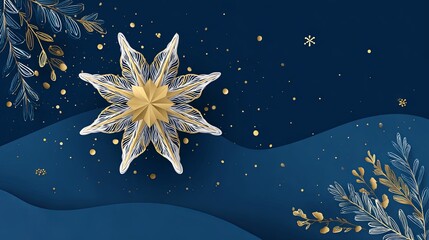 Golden Snowflake Bloom Winter Elegance on Deep Blue Backdrop.