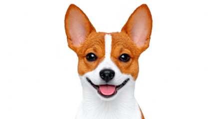 Happy brown and white dog with large ears, smiling expression, isolated on transparency background, realistic style, friendly and joyful pet portrait, suitable for animal themed designs