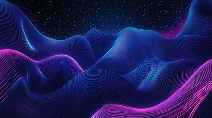 Abstract digital landscape creating a futuristic terrain filled with undulating blue and pink lines, suggesting data flow, sound waves, or virtual reality in a dark, starry background