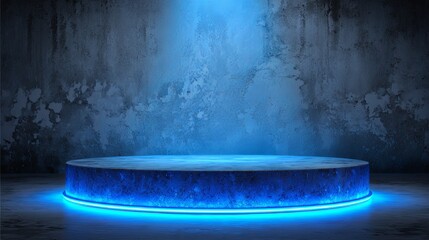 Neon Platform Blue Glow on Concrete with Modern Futuristic Display.