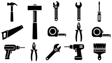 Set of various black tools silhouettes for construction and repair