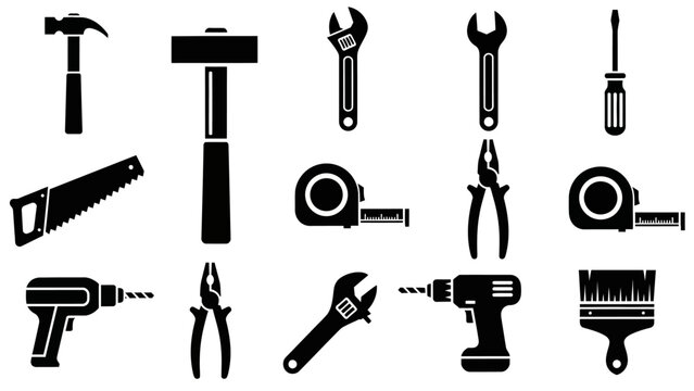 Set of various black tools silhouettes for construction and repair