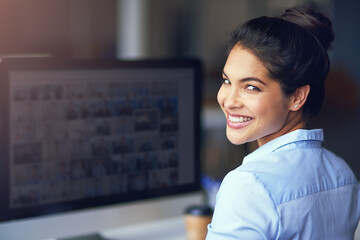 Smile, computer and portrait of business woman in office for copywriting research with creative...