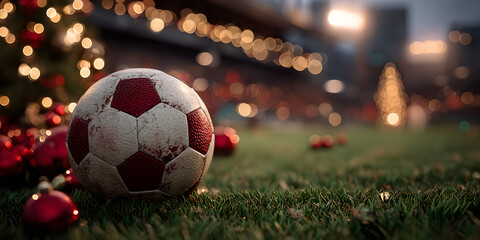 Fototapeta premium Red and white christmas soccer ball ornament lying on green grass of a playing field with christmas lights and red christmas balls decorations with a blurred stadium in the background. Copy space