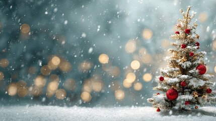 Snowy Christmas Decorated tree with bokeh background in winter wonderland.