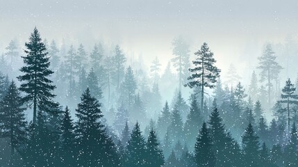 Misty Pines Winter Forest Landscape in Dreamy Blues  Snowfall.