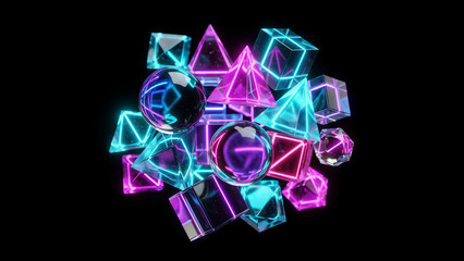 glowing neon geometric shapes on black background