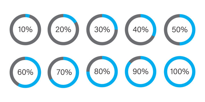 Circle loading, circle progress with percentage. Set of circle percentage diagrams for infographics, set of percentage infographic chart - 0 10 20 30 40 50 60 70 80 90 100. Vector infographic set.